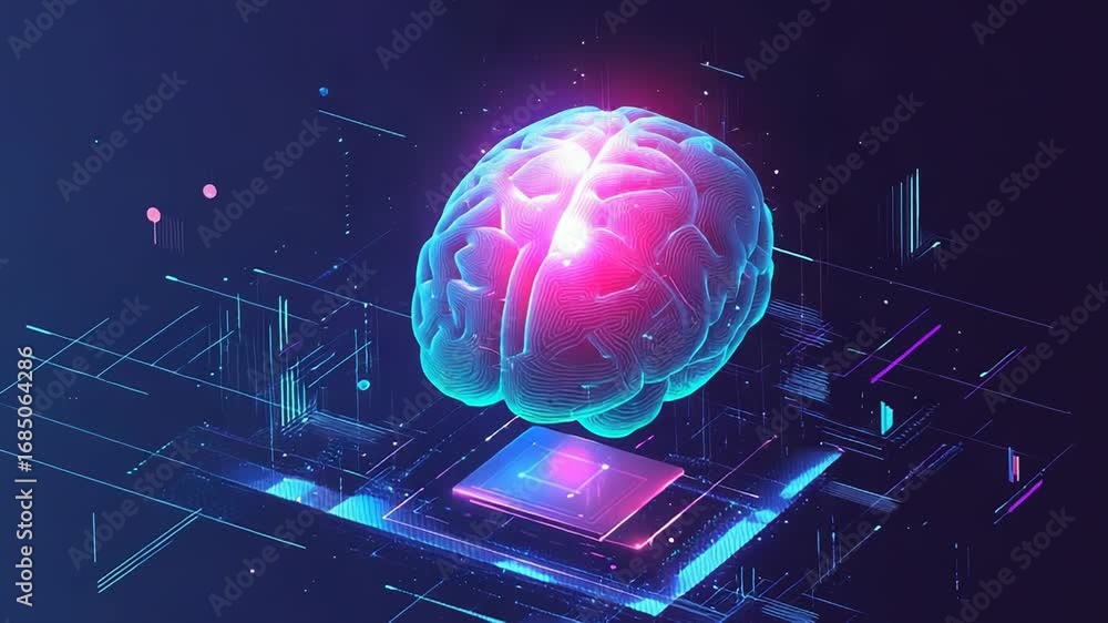Poster artificial intelligence processing data with hologram brain and circuit board