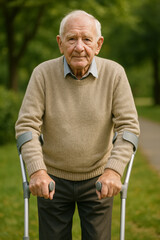 Elderly man using forearm crutches in a park, symbolizing recovery, resilience, and life after stroke or mobility challenges