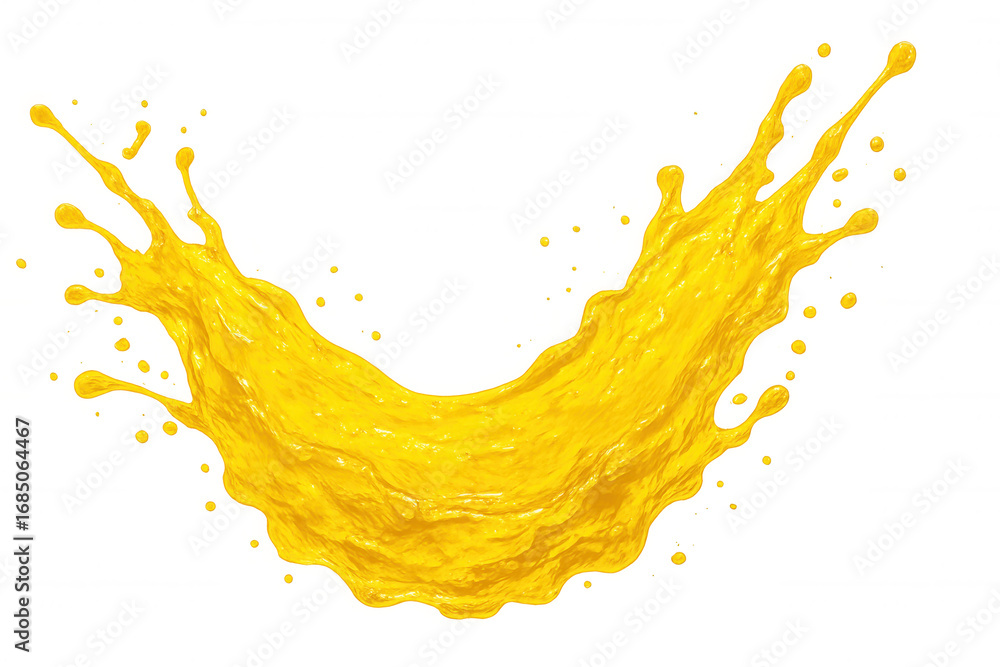 Poster dynamic yellow liquid splashing, creating a vibrant and refreshing visual on a transparent backgroun