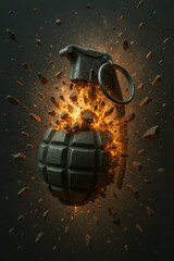 Hand grenade exploding mid-air with fiery blast and flying debris, captured in dramatic high-detail against a dark background