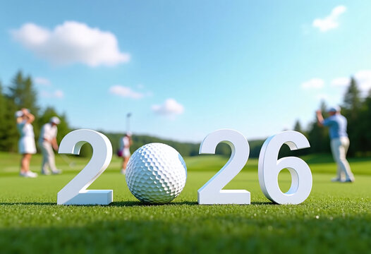 numbers 2026 with golf ball and players standing on field, concept of sports, brands and tournament promotions, leisure. 