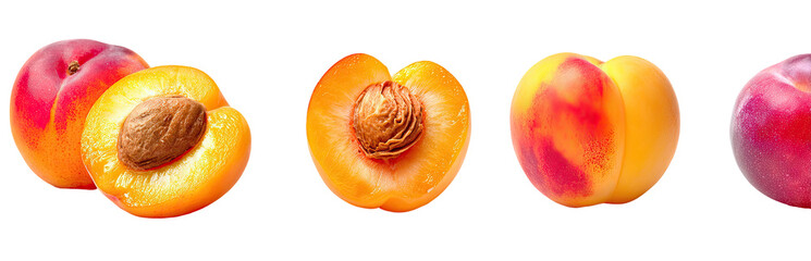 Fototapeta premium Fresh Apricots, whole and halved, displayed against a black background