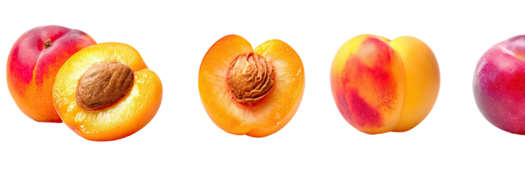Fresh Apricots, whole and halved, displayed against a black background