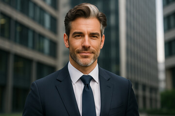 Fototapeta premium Confident middle-aged businessman in a navy suit smiling outdoors in a modern urban setting