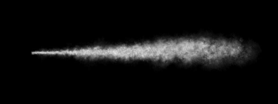 Realistic white smoke trail with black background, isolated steam cloud from car or rocket launch, PNG mockup template