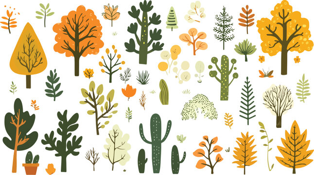 Collection of stylized autumn trees and desert plants in a whimsical flat illustration style