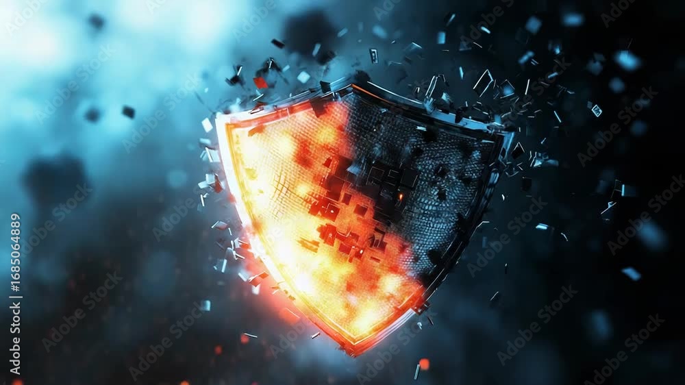 Poster exploding shield is breaking apart, losing pieces in dark background