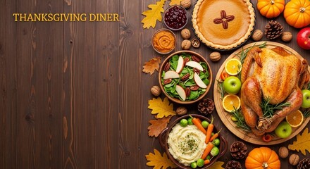 Thanksgiving Dinner Feast with “Thanksgiving Diner” Text on Wooden Table | Overhead View of Traditional Holiday Meal for Food Blogs, Invitations and Event Marketing