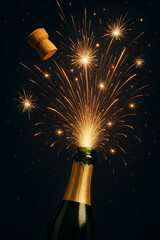 Champagne bottle opening with explosive fireworks, symbolizing celebration and festivity on a dark background