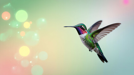 Fototapeta premium The text describes a soft pastel bokeh background with glowing light circles in shades of green, yellow, and white, complemented by sparkles and a dreamy gradient effect.