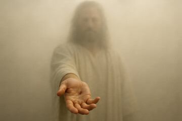Outstretched hand of Jesus emerging from the mist, symbolizing the second coming of Christ and divine invitation or salvation