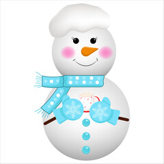 Charming illustration of a happy snowman with a blue scarf, gloves, and snow hat, clutching a mug. Great for winter or festive themes.