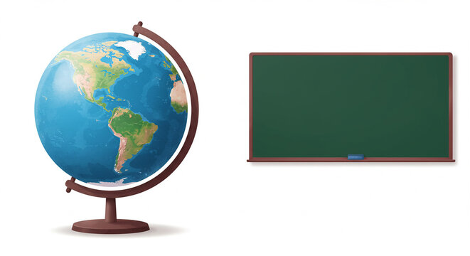 Globe on stand next to chalkboard in a classroom setting for Earth Day  