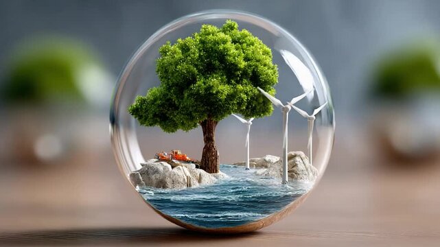 Ecosystem Globe: A vibrant tree and miniature wind turbines are encased in a transparent sphere, showcasing an eco-friendly landscape, the scene encapsulates the essence of environmental awareness.