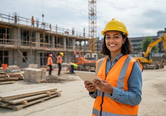 Smiling female construction worker in hard hat and vest holding tablet at building site