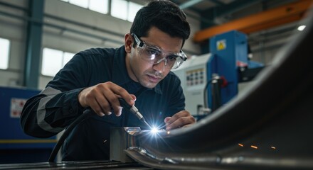 engineer with safety goggles inspecting weld