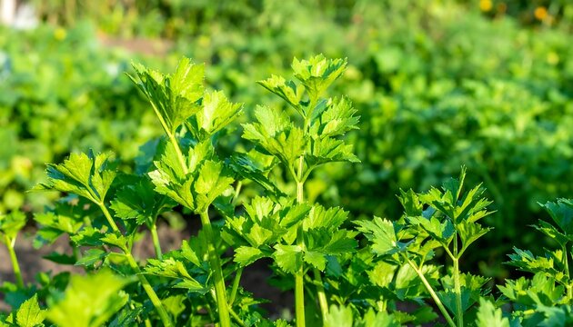 Close-up of celery plants in a garden bed