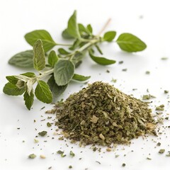 Fresh and dried oregano herb and spice, isolated on a white background, Photorealistic image - Generative AI

