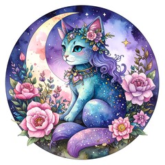 A celestial cat with floral crown, sits in a moonlit garden