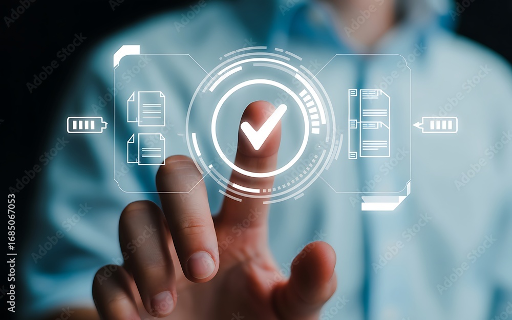Poster successful digital process management user's finger interacting with a futuristic virtual screen, si