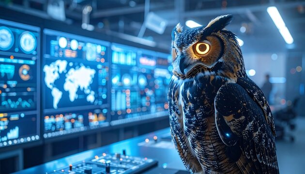 Owl in a futuristic control room