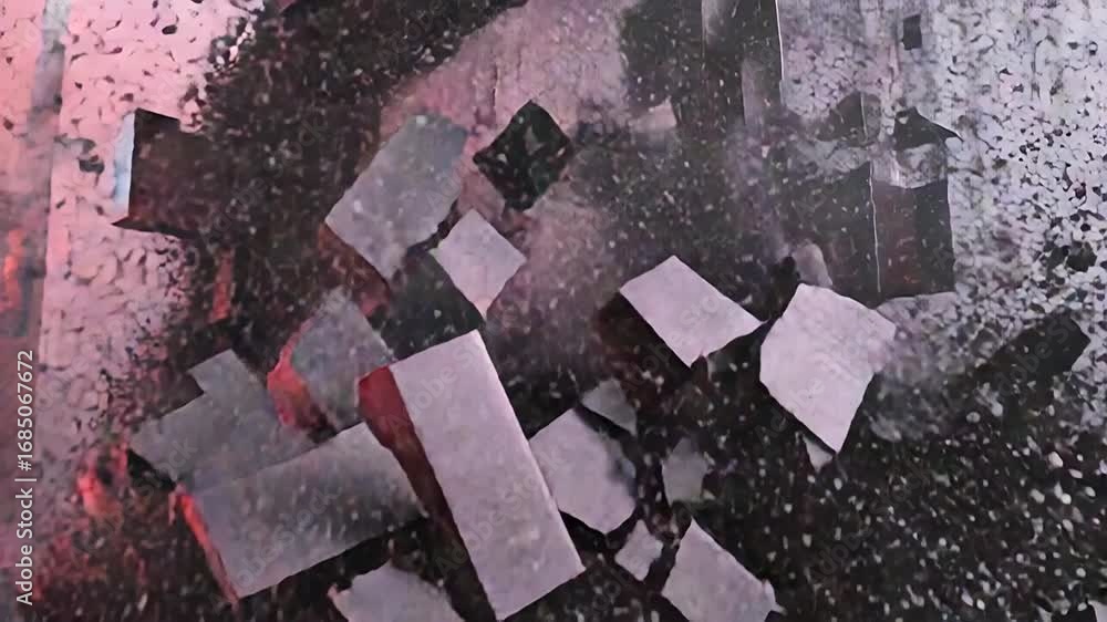 Poster abstract composition of exploding dark and pink cubes and particles