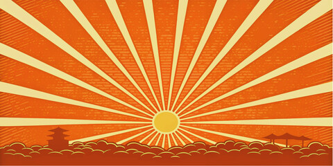 Grunge sunburst background with orange rays and vintage textured retro design