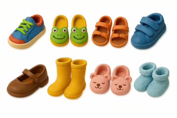 Cute multicolored kids shoes collection on yellow background