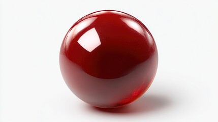 A perfectly smooth, deep red sphere rests on a bright white background, casting a subtle shadow, exhibiting a high-gloss finish and slight translucency