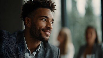Fototapeta premium Confident young businessman smiling and looking engaged in a modern office meeting or professional setting