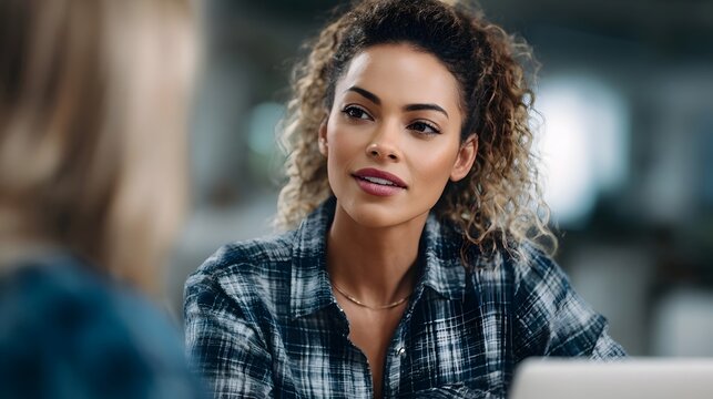 Professional woman with curly hair in a plaid shirt actively listens during a collaborative office discussion providing feedback to a colleague