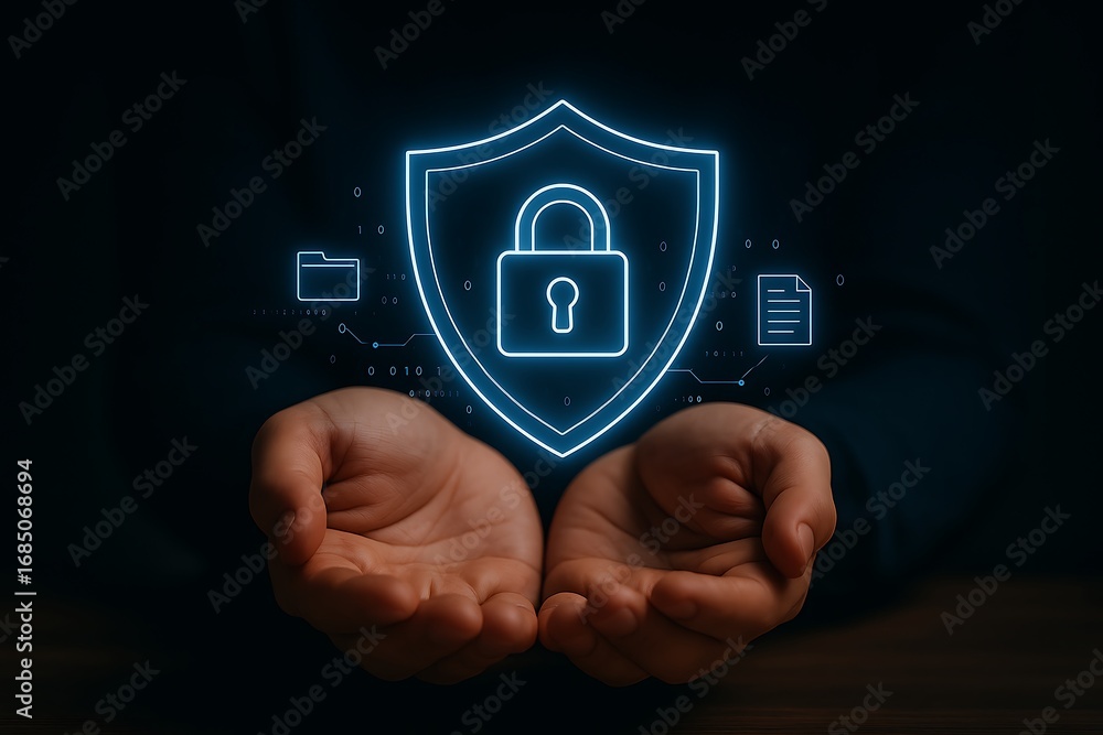 Poster securing digital assets hands displaying shield with lock symbol, representing data protection, secu