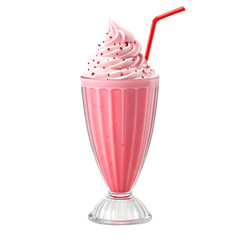 Pink Strawberry Milkshake with Whipped Cream and Straw isolated on a transparent background