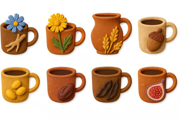 Obraz premium Rustic clay mugs with natural elements in playful style