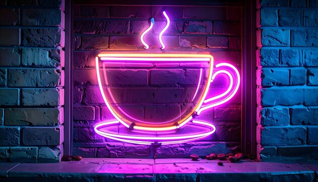 Neon coffee cup sign on a brick wall.  A vibrant display