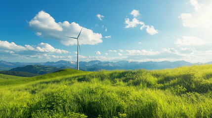 Wind turbine clean energy revolution in nature mountain landscape bright daylight