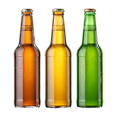 Three Cold Beer Bottles with Water Droplets lager beverage isolated on a transparent background