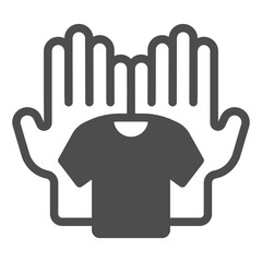Shirt in human palms solid icon, manual washing concept. Vector graphics. Hands and shirt, wash sign on white background, glyph style icon for mobile or web design.
