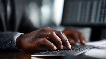 Close up of a professional s hands typing on a computer keyboard in an office setting with a blurry screen displaying data in the background