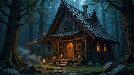 Obraz premium Baba Yaga legend: forest witch, powerful magic, ancient wisdom, magical hut, folklore icon, mystical creatures, Slavic myth, dark power, terrifying presence, mysterious protector