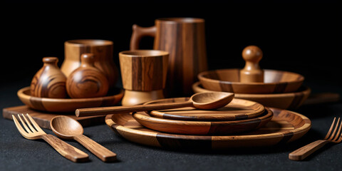 Natural wooden cutlery set including spoon, fork, and knife on rustic background, crafted from eco-friendly materials for sustainable dining and kitchen lifestyle visuals