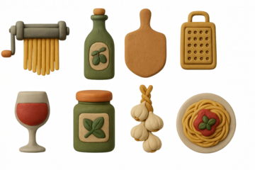Clay style pasta ingredients and kitchen tools featuring italian cuisine elements