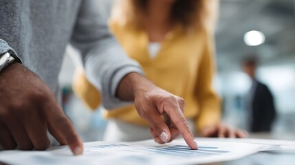 Professional coworkers collaboratively analyze a printed business report pointing at data charts during a focused discussion in a modern office