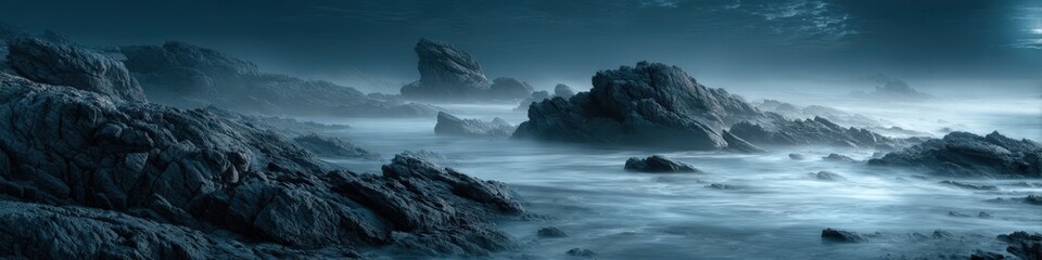 Fototapeta premium Dark, misty ocean rocks at night.