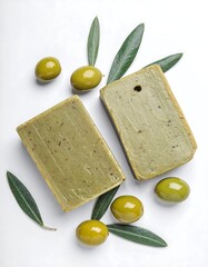 Olive soap bars, green olives, and leaves on white