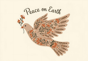 Dove delivering peace on Earth with delicate floral design elements