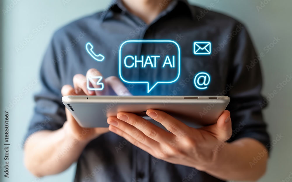 Poster man interacting with chat ai on tablet a futuristic concept illustrating communication and technolog