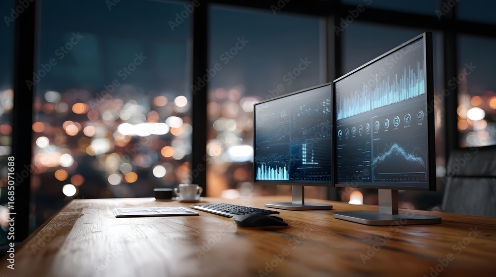Aufkleber modern office workspace featuring dual monitors with business data and graphs against a backdrop of 