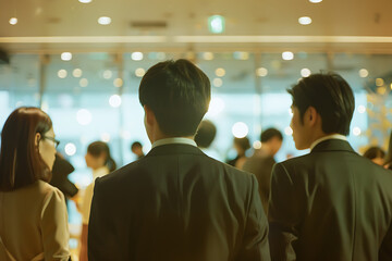 婚活パーティーで交流するスーツ姿の男女と華やかな会場
