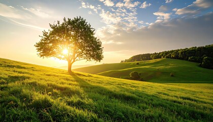 Sunset over Rolling Green Hills with Lone Tree